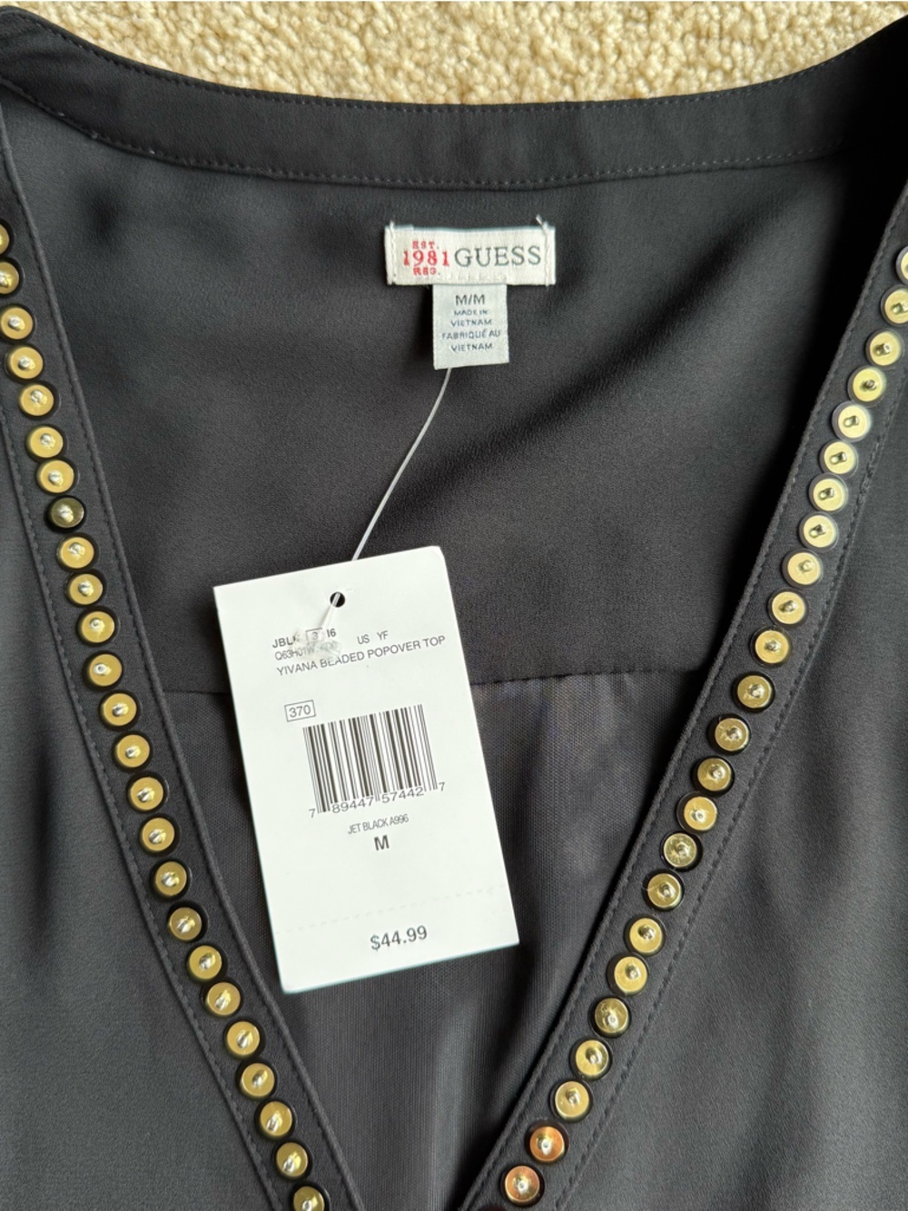 NWT GUESS 1981 Black Blouse Women Medium Studded V Neck Long Sleeve - Picture 2 of 8